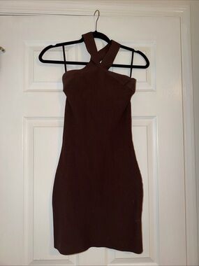 Babaton Ribbed Sleeveless Halter Top in Chocolate Brown